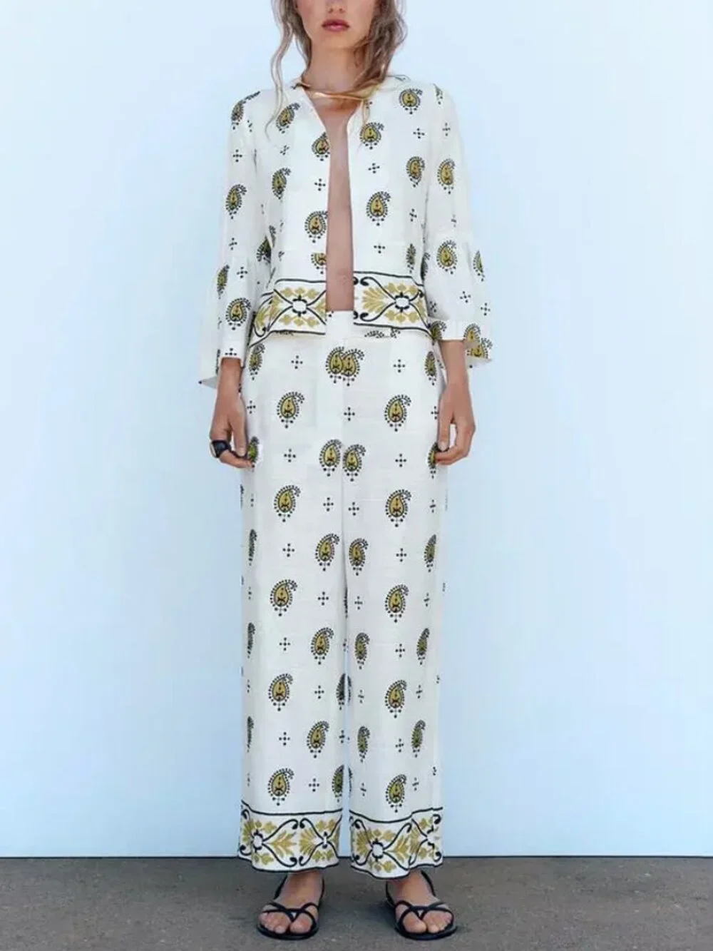 ZARA Embroidered White Yellow Black Linen Blend Matching Set